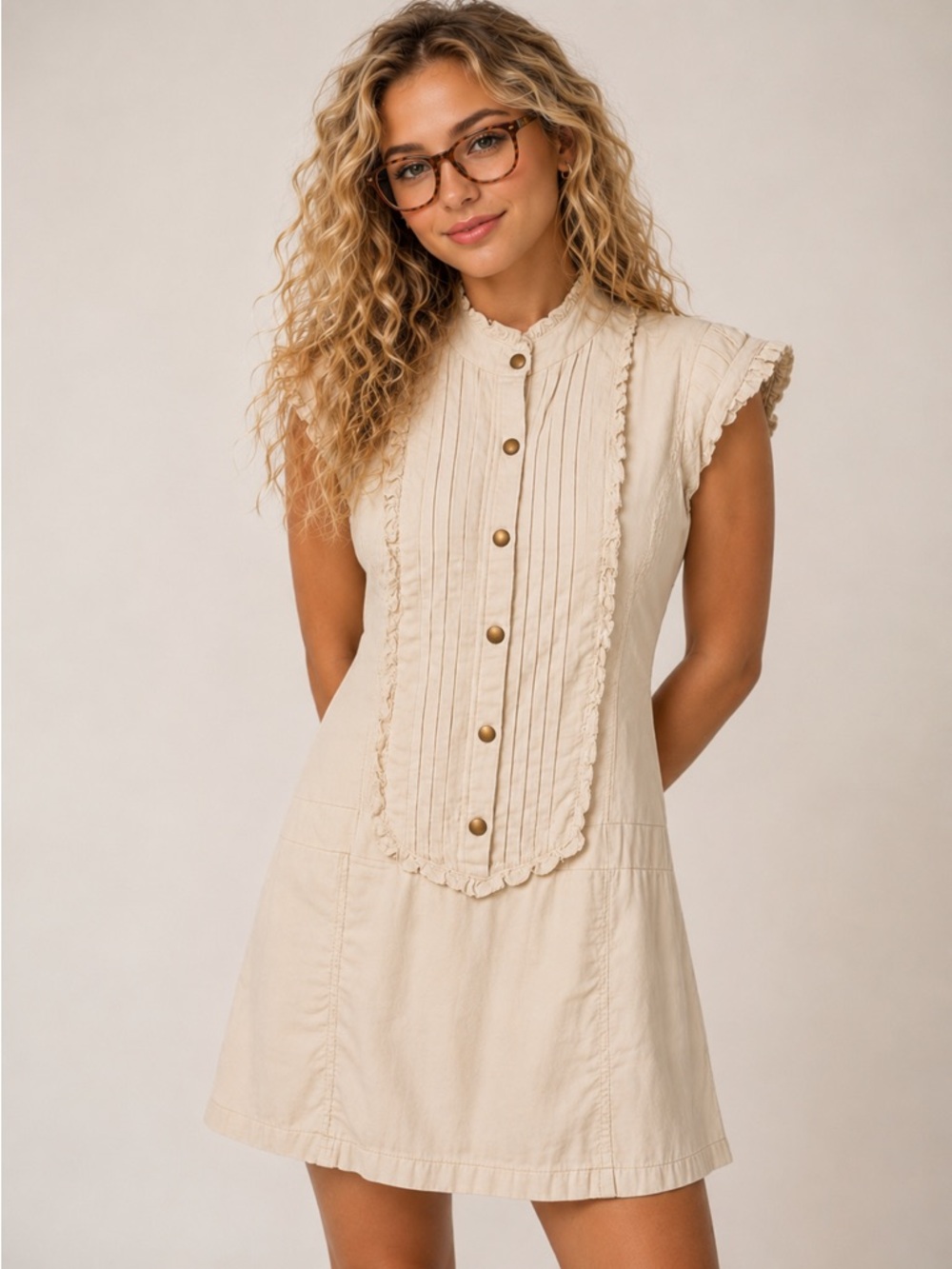 NWT Younique Cotton Pintuck Ruffle Mini Dress Beige Prairie Boho Cottagecore